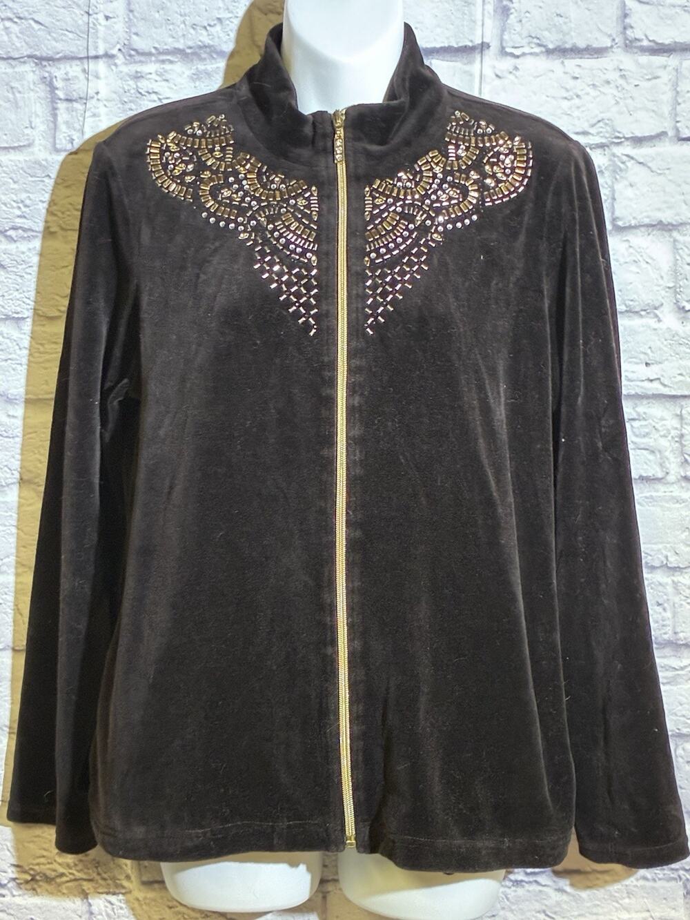 Zenergy by Chico’s Velour Jacket Size 1 Black Beaded Rhinestone Zip Front